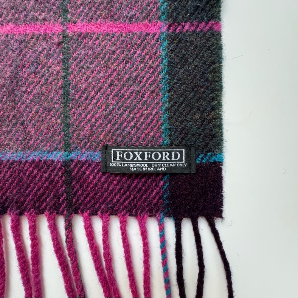 Foxford Irish Lambswool Scarf in Carrigan Purple Plaid - Picture 4 of 7